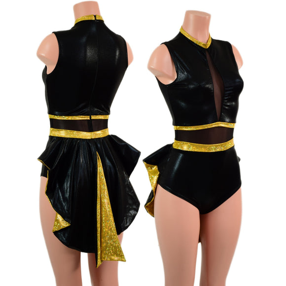 Black & Gold Mini Tuxedo Back Romper with Inset Mesh Keyhole - Coquetry Clothing
