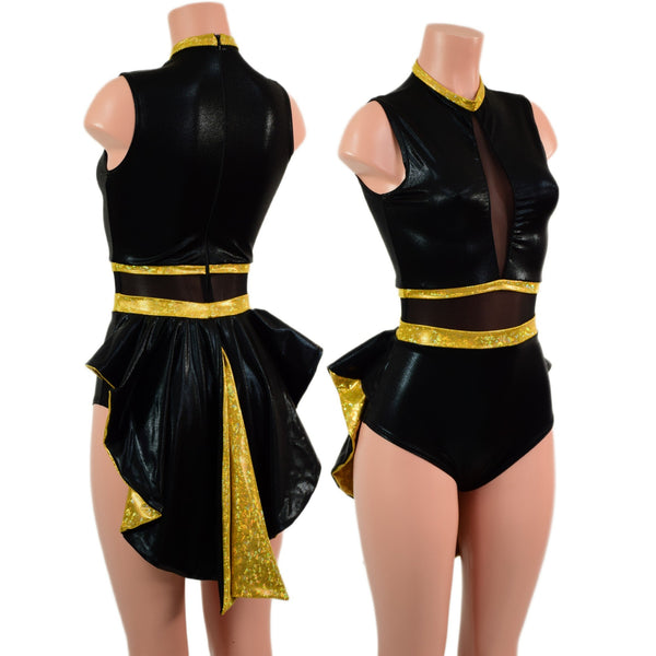 Black & Gold Mini Tuxedo Back Romper with Inset Mesh Keyhole - 1