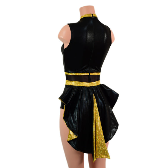 Black & Gold Mini Tuxedo Back Romper with Inset Mesh Keyhole - Coquetry Clothing