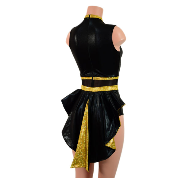 Black & Gold Mini Tuxedo Back Romper with Inset Mesh Keyhole - Coquetry Clothing