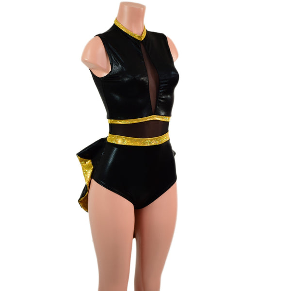 Black & Gold Mini Tuxedo Back Romper with Inset Mesh Keyhole - 8
