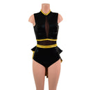 Black & Gold Mini Tuxedo Back Romper with Inset Mesh Keyhole - Coquetry Clothing
