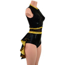 Black & Gold Mini Tuxedo Back Romper with Inset Mesh Keyhole - Coquetry Clothing