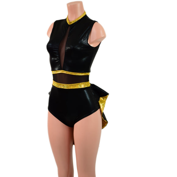 Black & Gold Mini Tuxedo Back Romper with Inset Mesh Keyhole - Coquetry Clothing