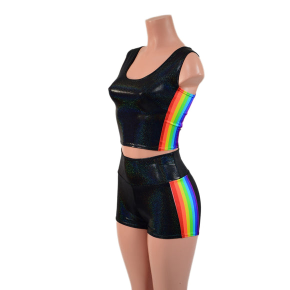 Black Holographic Crop Tank and High Waist Shorts Set with Retro Rainbow Side Panels - Coquetry Clothing
