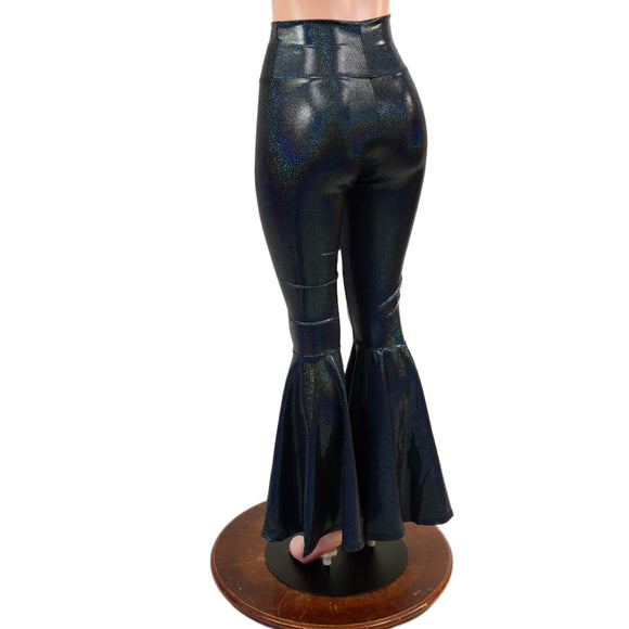 Black Holographic High Waist Bell Bottom Flares - Coquetry Clothing
