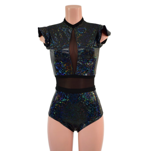 Black Kaleidoscope and Mesh Romper with Inset Mesh Keyhole Neckline - Coquetry Clothing