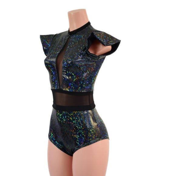 Black Kaleidoscope and Mesh Romper with Inset Mesh Keyhole Neckline - Coquetry Clothing