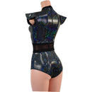 Black Kaleidoscope and Mesh Romper with Inset Mesh Keyhole Neckline - Coquetry Clothing