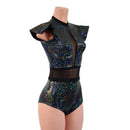 Black Kaleidoscope and Mesh Romper with Inset Mesh Keyhole Neckline - Coquetry Clothing