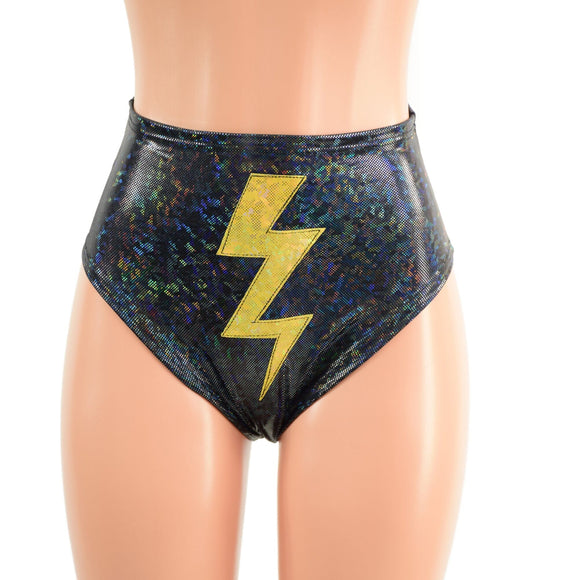 Black Kaleidoscope Brazilian Siren Shorts with Gold Bolt Applique - Coquetry Clothing