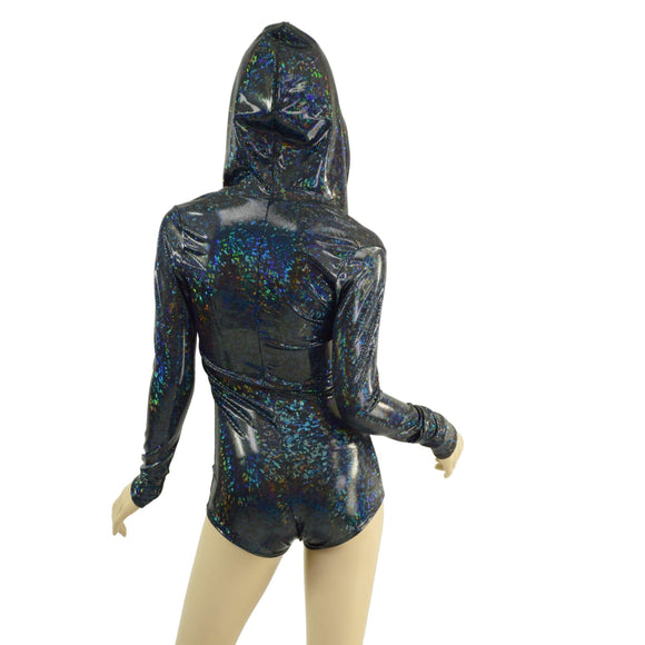 Black Kaleidoscope Hooded Romper with Silver Front Zipper, Long Sleeves & Boy Cut Leg - Coquetry Clothing