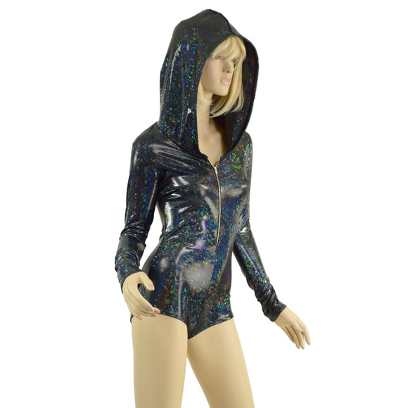 Black Kaleidoscope Hooded Romper with Silver Front Zipper, Long Sleeves & Boy Cut Leg - Coquetry Clothing
