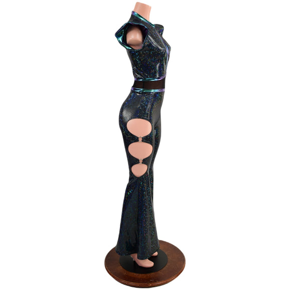 Black Kaleidoscope Solar Flare Catsuit with Keyhole Neckline and Oring Cutouts - Coquetry Clothing