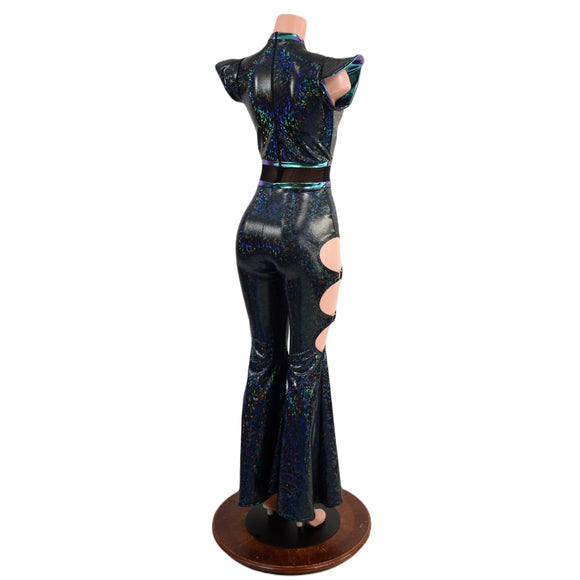 Black Kaleidoscope Solar Flare Catsuit with Keyhole Neckline and Oring Cutouts - Coquetry Clothing