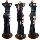 Black Kaleidoscope Solar Flare Catsuit with Keyhole Neckline and Oring Cutouts - Coquetry Clothing