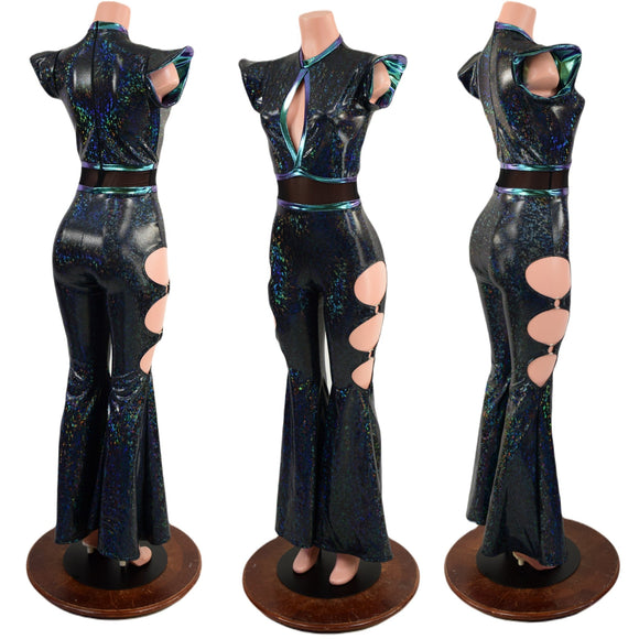 Black Kaleidoscope Solar Flare Catsuit with Keyhole Neckline and Oring Cutouts - Coquetry Clothing