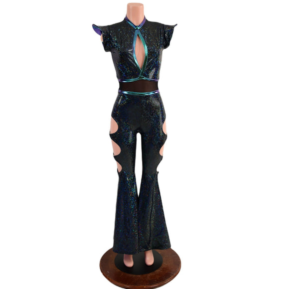 Black Kaleidoscope Solar Flare Catsuit with Keyhole Neckline and Oring Cutouts - Coquetry Clothing