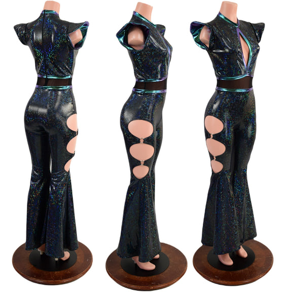 Black Kaleidoscope Solar Flare Catsuit with Keyhole Neckline and Oring Cutouts - Coquetry Clothing
