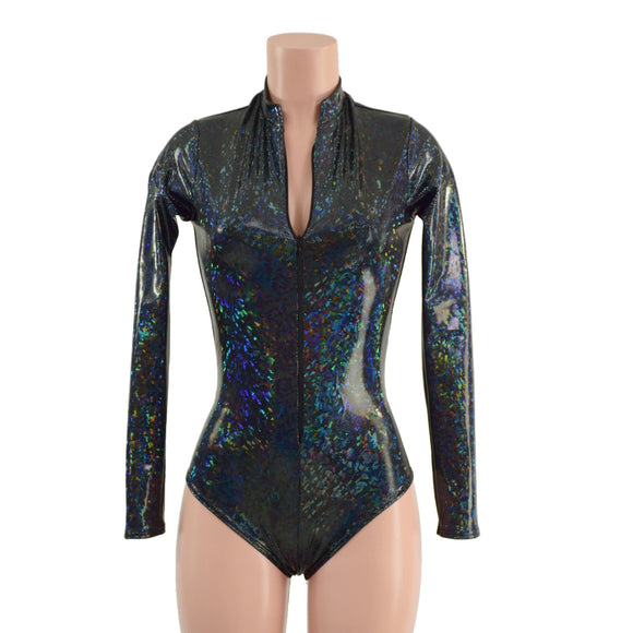 Black Kaleidoscope Stella Romper with Long Sleeves & Siren Cut Leg - Coquetry Clothing