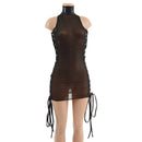 Black Mesh Backless Dress with Snap Back Collar and Laceup Sides - Coquetry Clothing