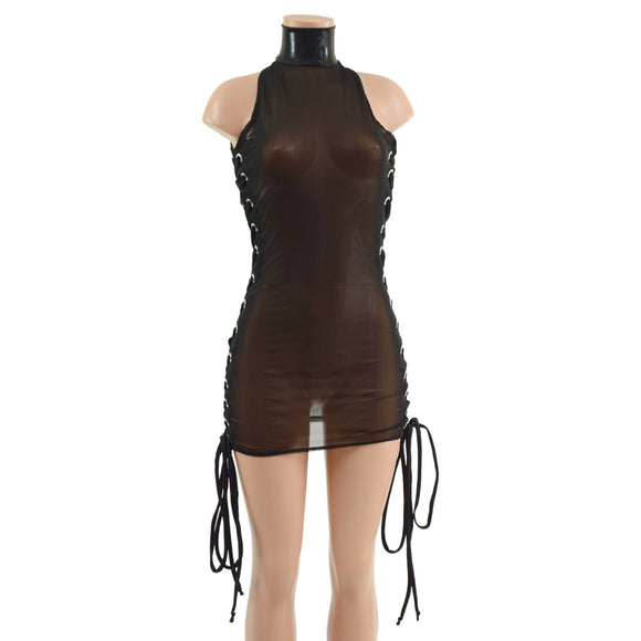 Black Mesh Backless Dress with Snap Back Collar and Laceup Sides - Coquetry Clothing