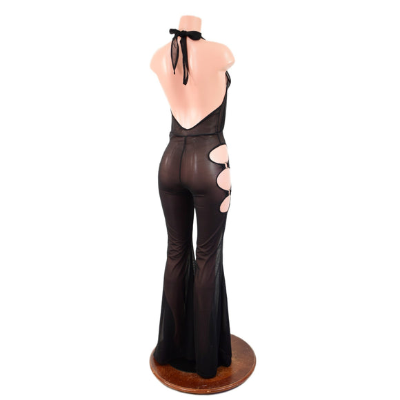 Black Mesh Sheer Josie Style Catsuit with Triple O Ring Solar Flare Leg - Coquetry Clothing
