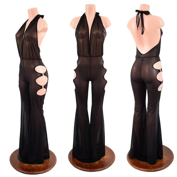 Black Mesh Sheer Josie Style Catsuit with Triple O Ring Solar Flare Leg - Coquetry Clothing