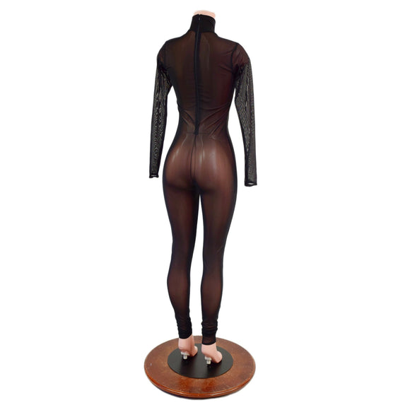 Black Mesh Sheer Turtleneck Catsuit - Coquetry Clothing
