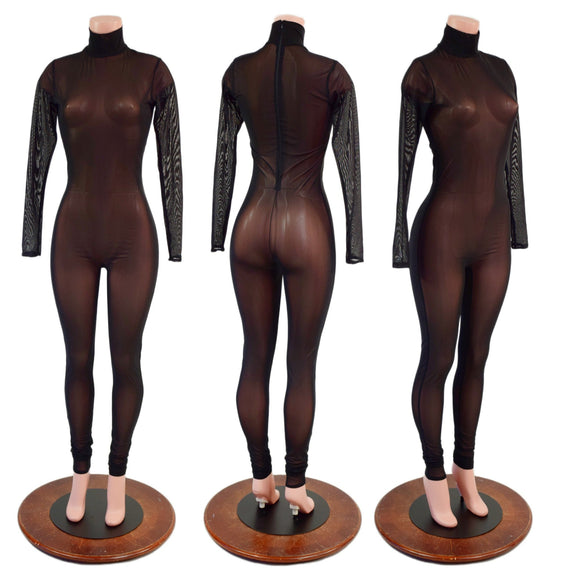 Black Mesh Sheer Turtleneck Catsuit - Coquetry Clothing