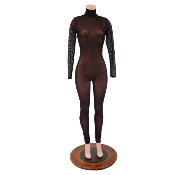 Black Mesh Sheer Turtleneck Catsuit - Coquetry Clothing