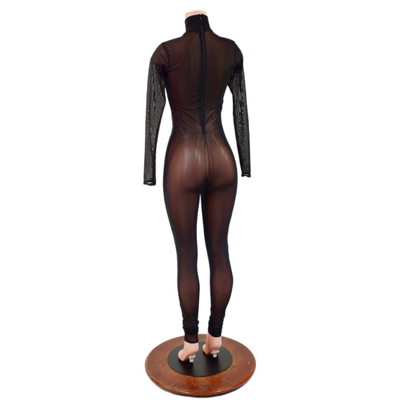 Black Mesh Sheer Turtleneck Catsuit - Coquetry Clothing