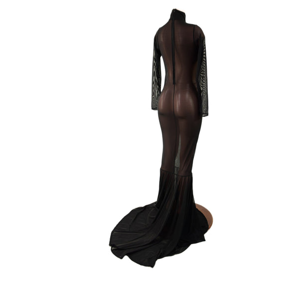 Black Mesh Zipper Back Gown with Long Sleeves, Turtleneck and Puddle Train - Coquetry Clothing