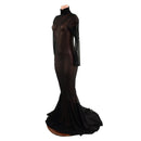 Black Mesh Zipper Back Gown with Long Sleeves, Turtleneck and Puddle Train - Coquetry Clothing
