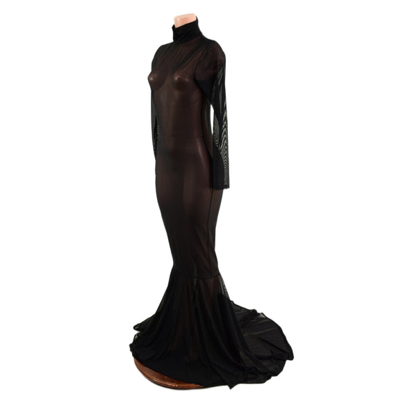 Black Mesh Zipper Back Gown with Long Sleeves, Turtleneck and Puddle Train - Coquetry Clothing