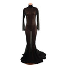 Black Mesh Zipper Back Gown with Long Sleeves, Turtleneck and Puddle Train - Coquetry Clothing