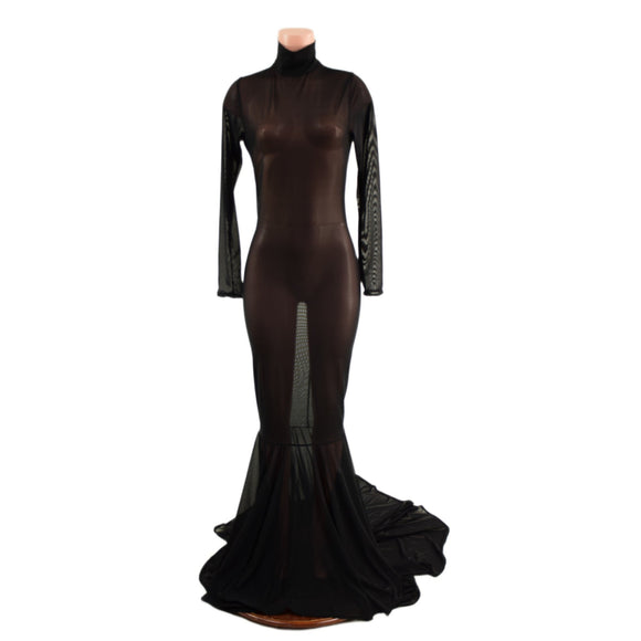 Black Mesh Zipper Back Gown with Long Sleeves, Turtleneck and Puddle Train - Coquetry Clothing