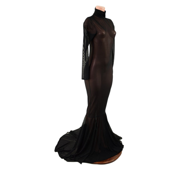 Black Mesh Zipper Back Gown with Long Sleeves, Turtleneck and Puddle Train - Coquetry Clothing