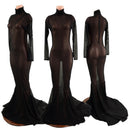 Black Mesh Zipper Back Gown with Long Sleeves, Turtleneck and Puddle Train - Coquetry Clothing