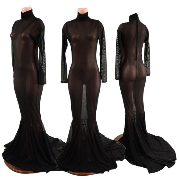 Black Mesh Zipper Back Gown with Long Sleeves, Turtleneck and Puddle Train - Coquetry Clothing
