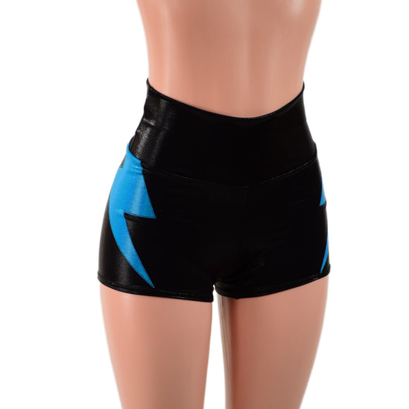 Black Metallic High Waist Shorts With Peacock Hip Bolts - Coquetry Clothing