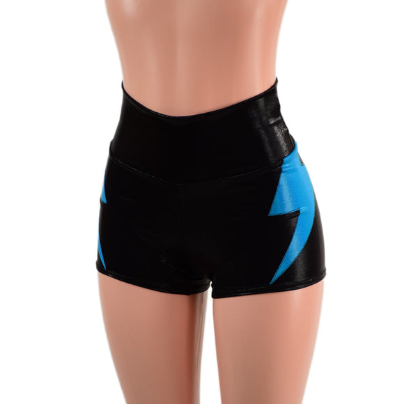 Black Metallic High Waist Shorts With Peacock Hip Bolts - Coquetry Clothing