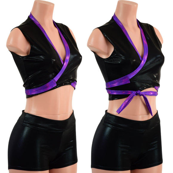 Black Mystique and Grape Holographic Wrap & Tie Top with Contrast Trim (Shorts Sold Separately) - Coquetry Clothing