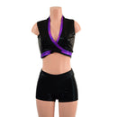 Black Mystique and Grape Holographic Wrap & Tie Top with Contrast Trim (Shorts Sold Separately) - Coquetry Clothing