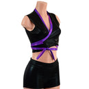 Black Mystique and Grape Holographic Wrap & Tie Top with Contrast Trim (Shorts Sold Separately) - Coquetry Clothing
