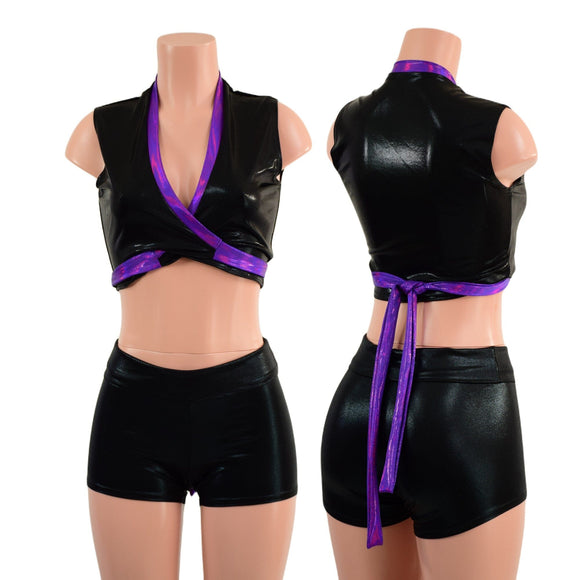 Black Mystique and Grape Holographic Wrap & Tie Top with Contrast Trim (Shorts Sold Separately) - Coquetry Clothing