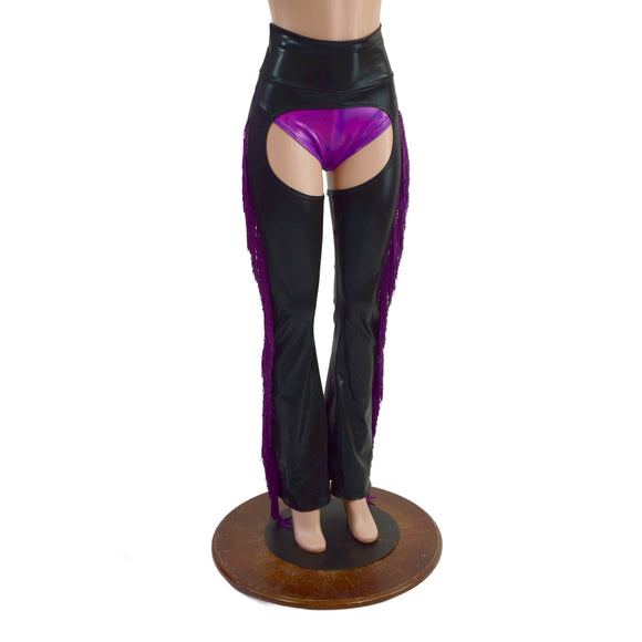 Black Mystique Bootcut Chaps with Purple Fringe - Coquetry Clothing