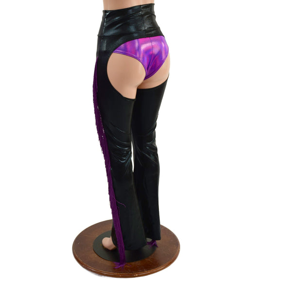 Black Mystique Bootcut Chaps with Purple Fringe - Coquetry Clothing