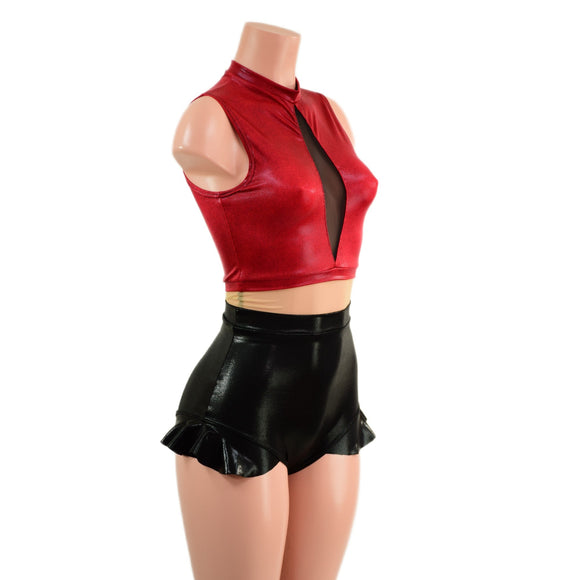 Black Mystique, Coagulant Red and Nude Mesh Romper with Inset Keyhole Neckline - Coquetry Clothing