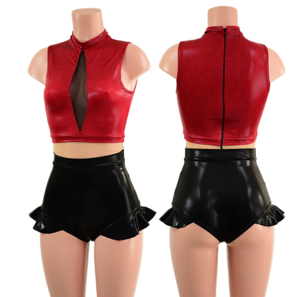 Black Mystique, Coagulant Red and Nude Mesh Romper with Inset Keyhole Neckline - Coquetry Clothing